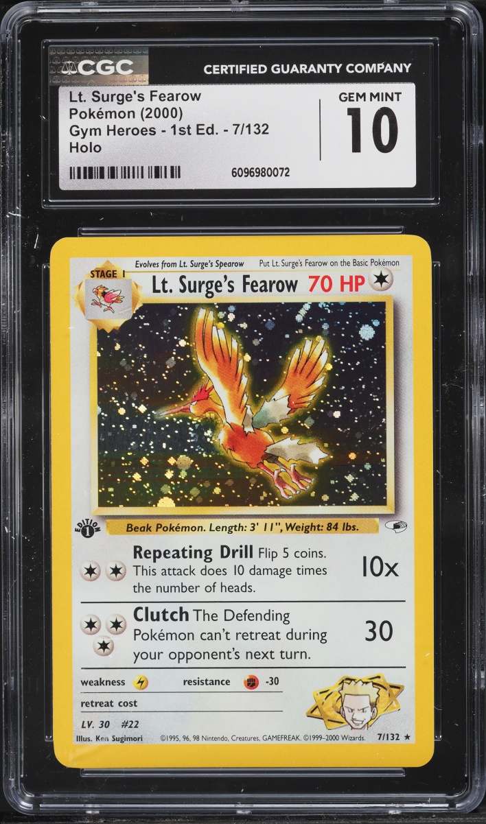 2000 Pokemon Gym Heroes 1st Edition Holo Lt. Surge's Fearow #7 CGC 10 GEM MINT