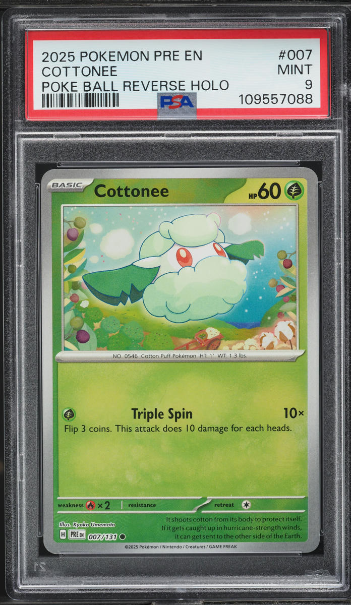 2025 Pokemon SV Prismatic Evolutions Poke Ball Reverse Holo Cottonee #7 PSA 9