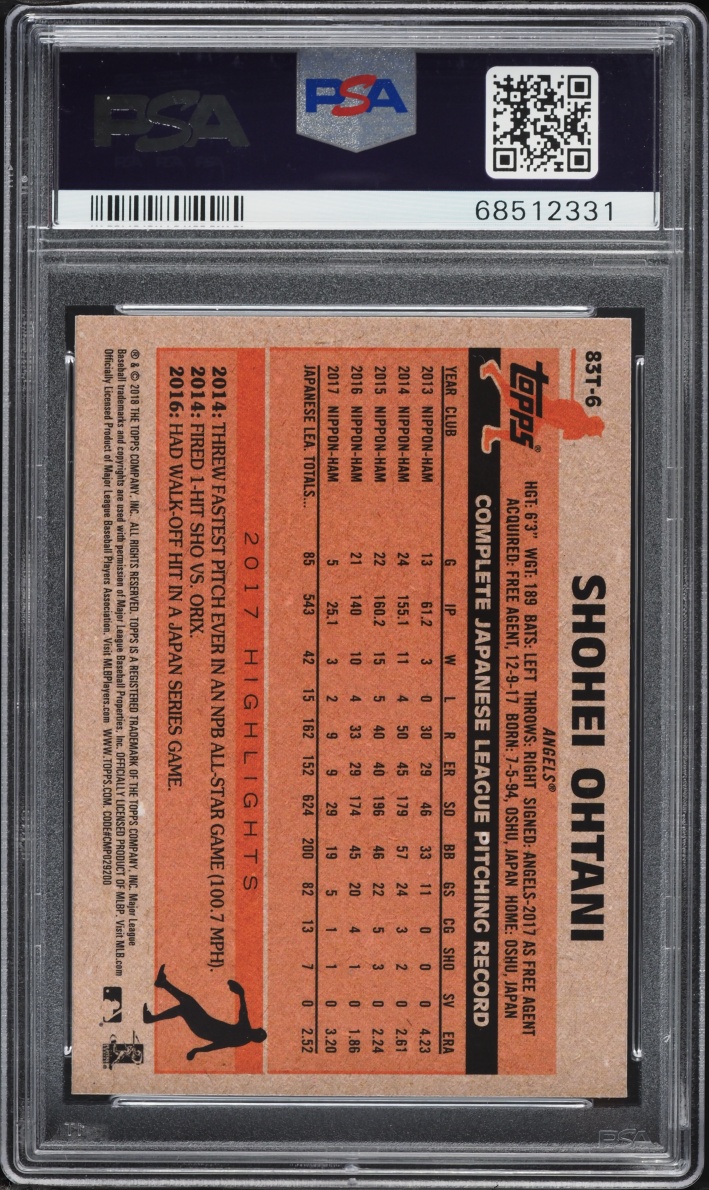 2018 Topps Chrome '83 Shohei Ohtani ROOKIE #83T-6 PSA 9 MINT