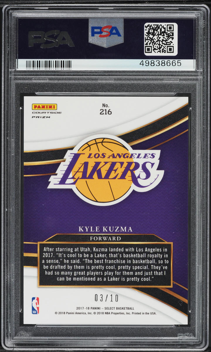 2017 Select Courtside Gold Prizm Kyle Kuzma ROOKIE /10 #216 PSA 10 GEM MINT