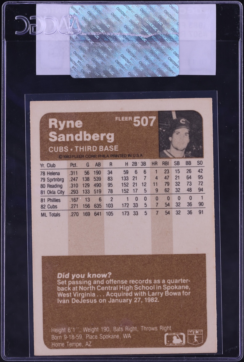 1983 Fleer Ryne Sandberg ROOKIE #507 CGC AUTH