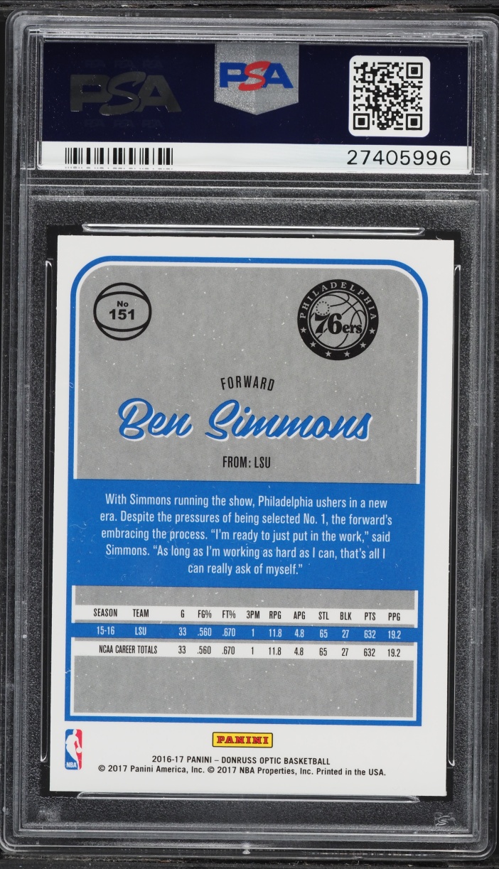 2016 Donruss Optic Ben Simmons ROOKIE #151 PSA 10 GEM MINT