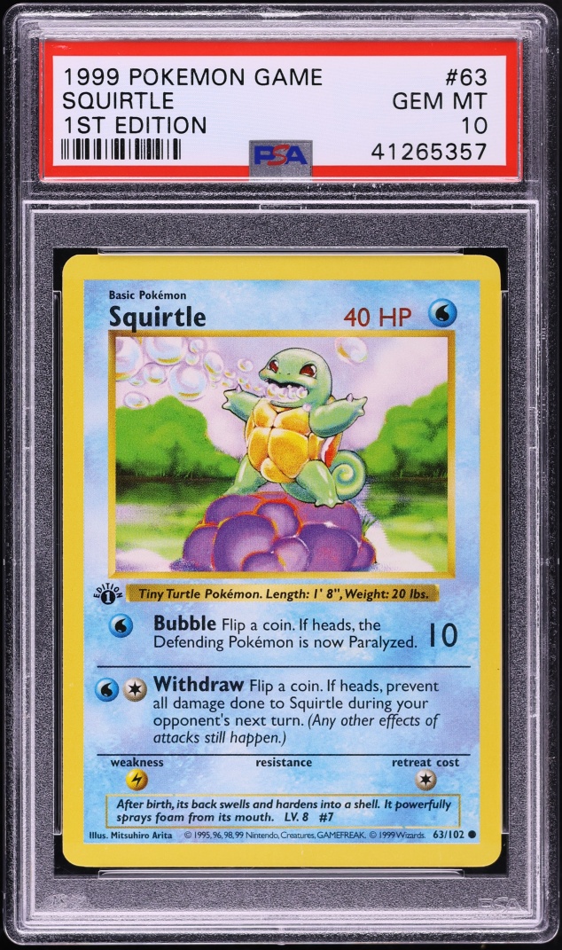 1999 Pokemon Base Set Shadowless 1st Edition Squirtle #63 PSA 10 GEM MINT