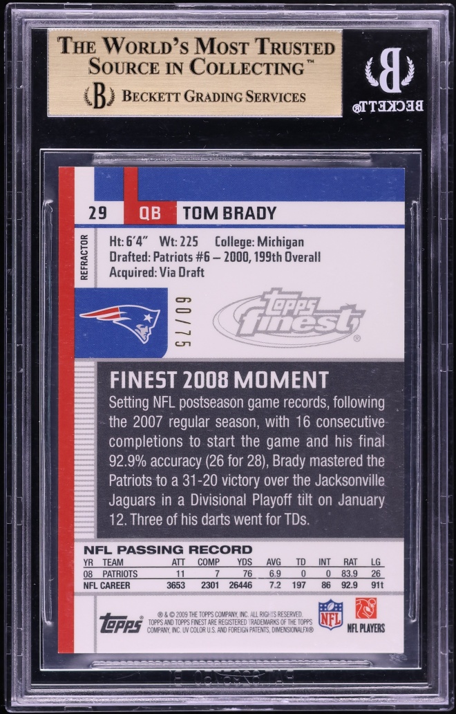 2009 Finest Gold Refractor Tom Brady /75 #29 BGS 9.5 GEM MINT - Photo 2