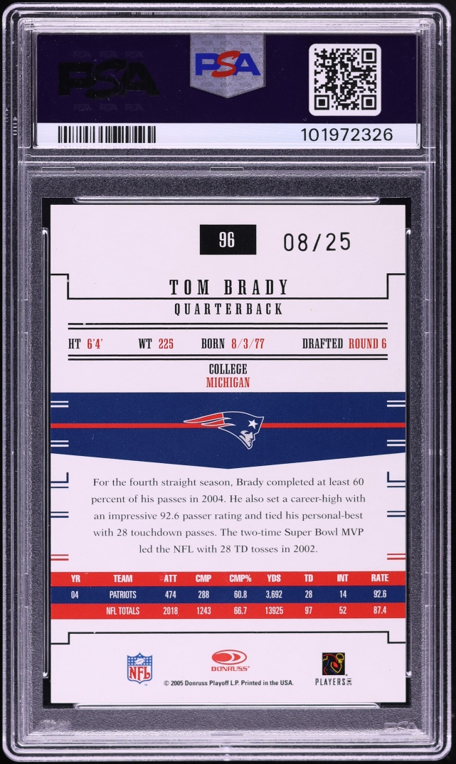 2005 Donruss Gridiron Gear Platinum Holofoil Tom Brady /25 #96 PSA 10 GEM MINT - Photo 2