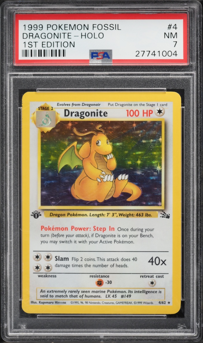 1999 Pokemon Fossil 1st Edition Holo Dragonite #4 PSA 7 NRMT