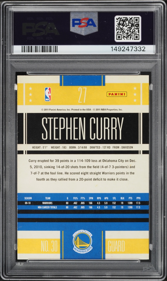 2010 Panini Classics Stephen Curry #27 PSA 9 MINT