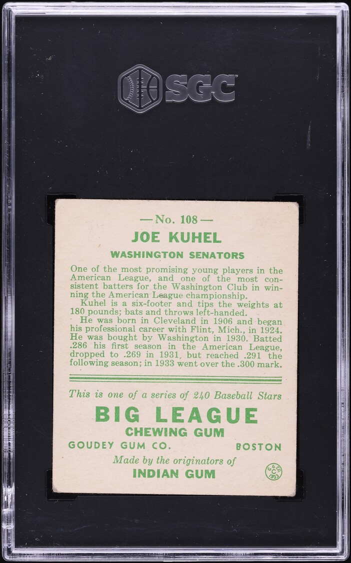 1933 Goudey Joe Kuhel ROOKIE #108 SGC 3 VG