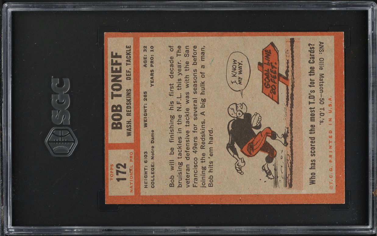 1962 Topps Football Bob Toneff #172 SGC 3.5 VG+