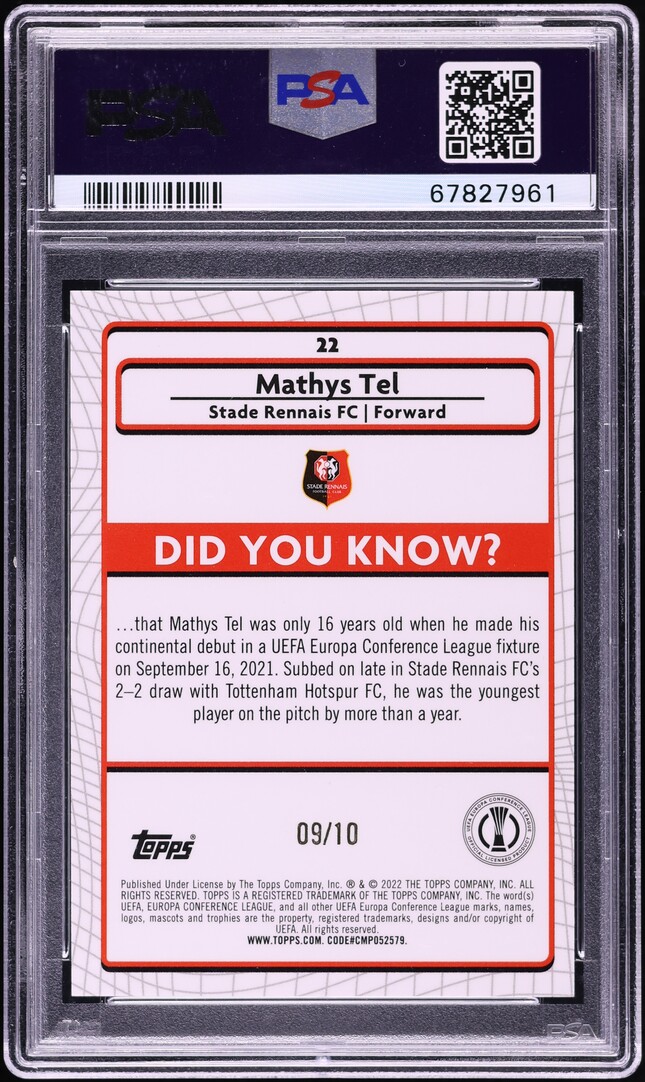2021 Topps Merlin Chrome UEFA Red Refractor Mathys Tel ROOKIE /10 #22 PSA 10 GEM