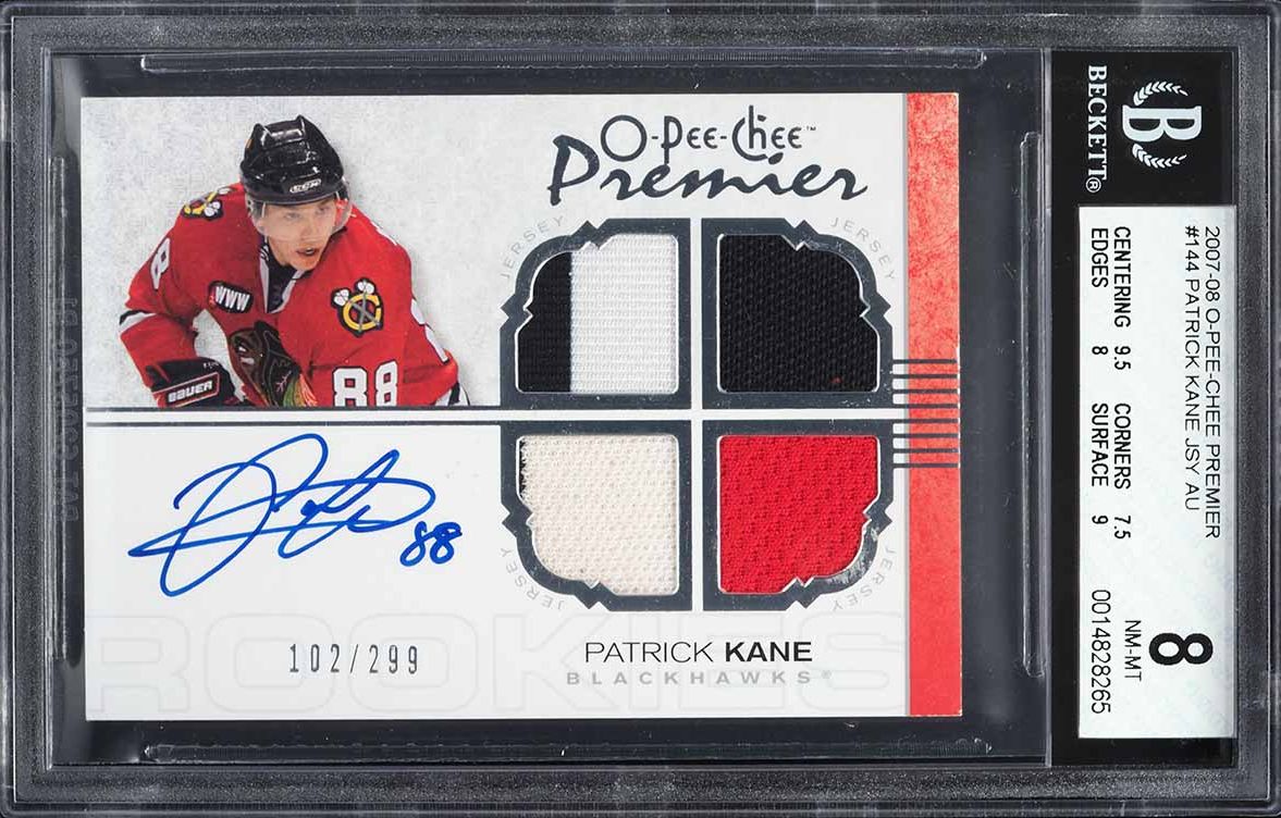 2007 O-Pee-Chee Premier Patrick Kane ROOKIE PATCH AUTO /299 #144 BGS 8 NM-MT