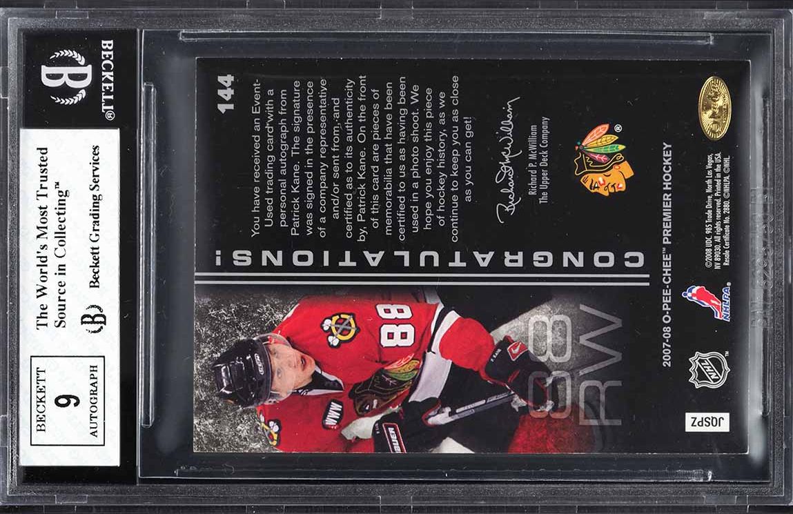 2007 O-Pee-Chee Premier Patrick Kane ROOKIE PATCH AUTO /299 #144 BGS 8 NM-MT