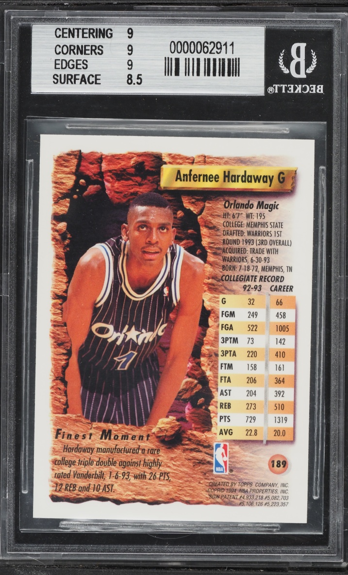 1993 Finest Basketball Anfernee Hardaway ROOKIE #189 BGS 9 MINT