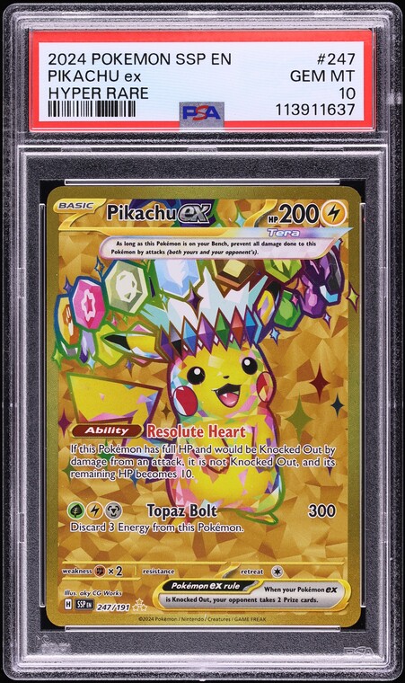 2024 Pokemon SV Surging Sparks Gold Rare Pikachu ex #247 PSA 10 GEM MINT