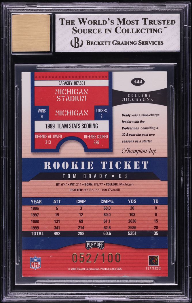 2000 Playoff Contenders Championship Ticket Tom Brady ROOKIE AUTO /100 BGS 7.5