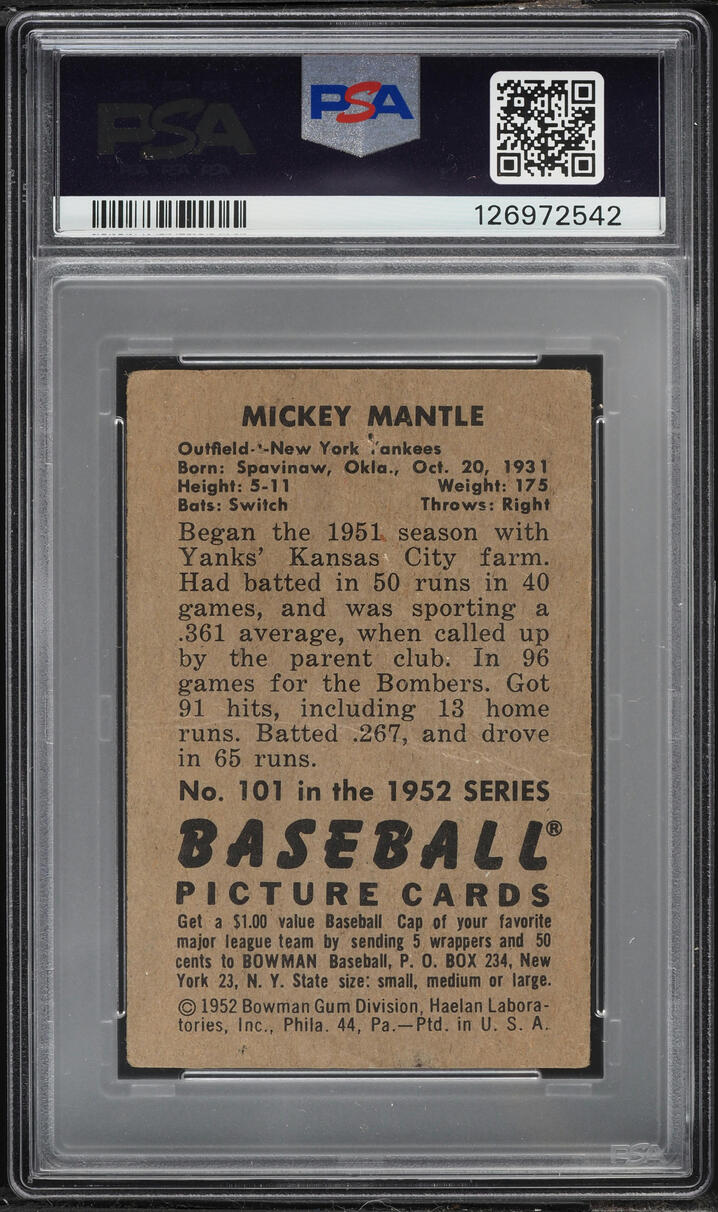 1952 Bowman Mickey Mantle ROOKIE #101 PSA 1 PR