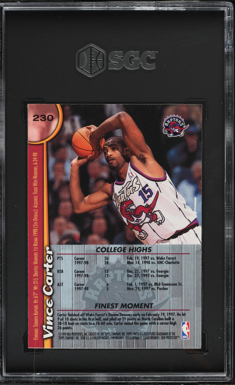 1998 Finest Basketball w/ Coating Vince Carter ROOKIE #230 SGC 8 NM-MT