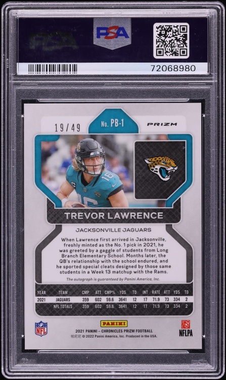 2021 Panini Chronicles Prizm Black Green Trevor Lawrence ROOKIE AUTO DNA 10 /49 #PB-1 PSA 10