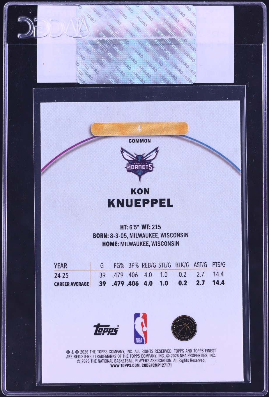 2025 Finest Basketball Kon Knueppel ROOKIE #4 CGC AUTH