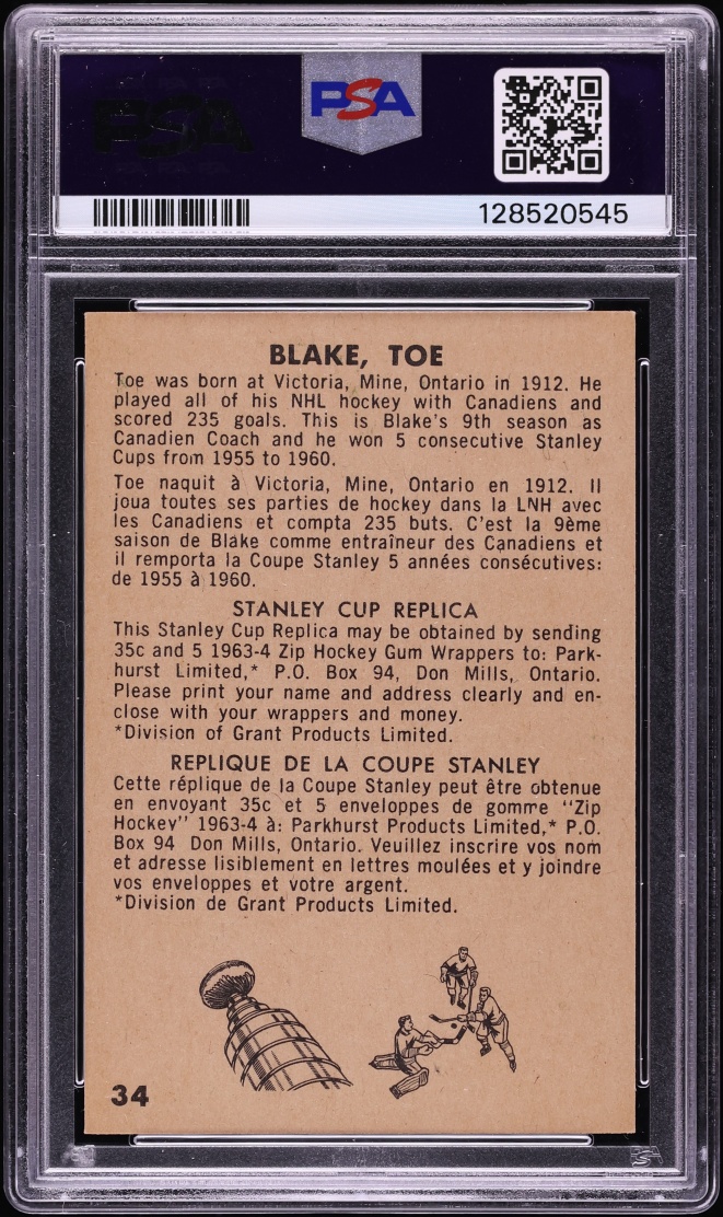 1963 Parkhurst Toe Blake #34 PSA 9 MINT