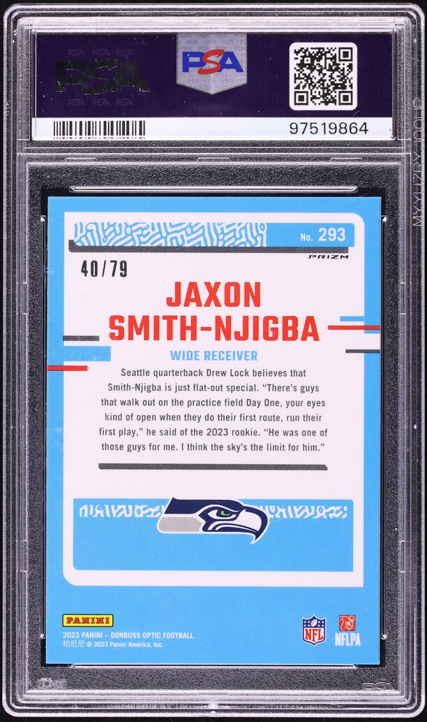 2023 Donruss Optic Pink Velocity Prizm Jaxon Smith-Njigba ROOKIE /79 #293 PSA 10 GEM MINT