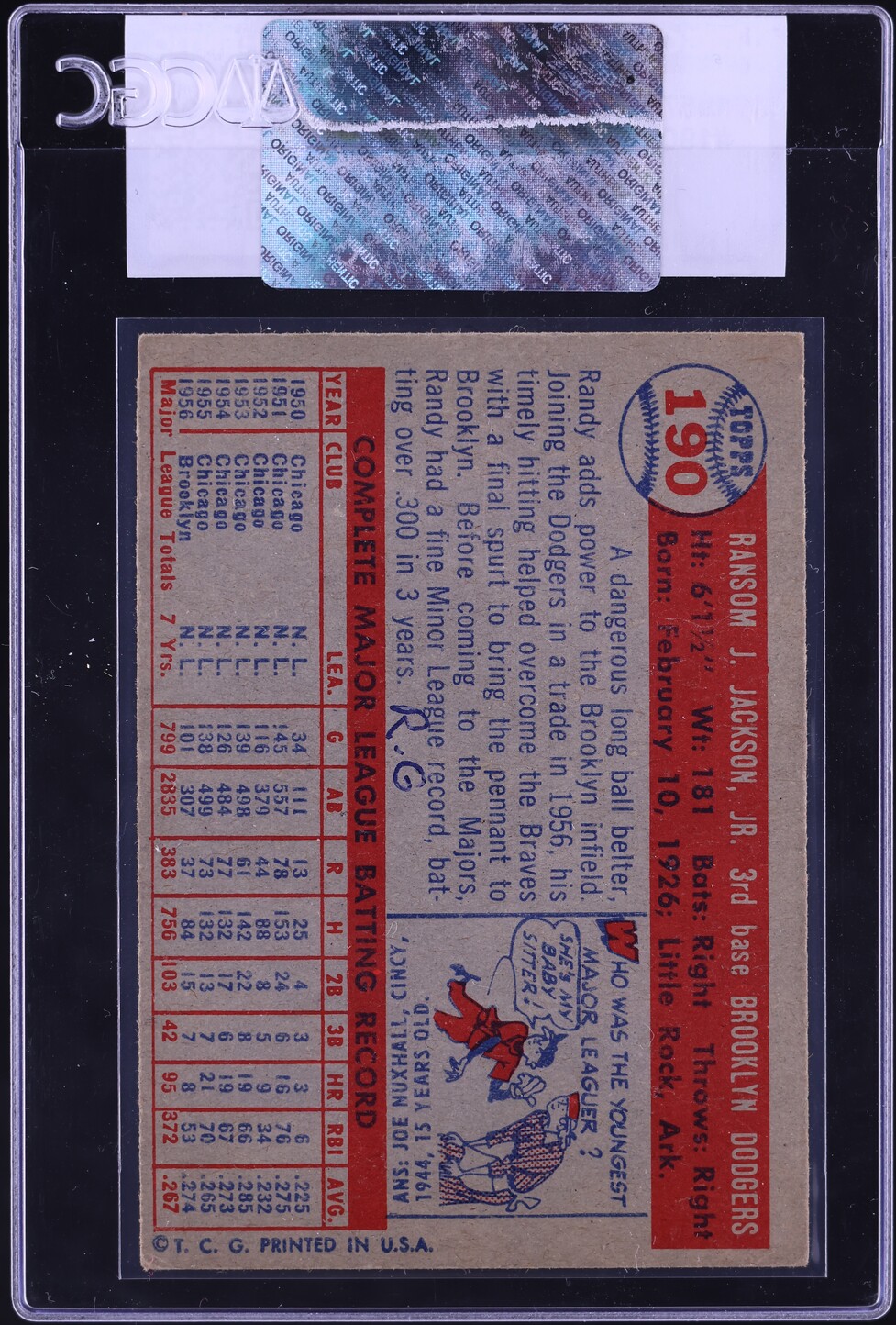 1957 Topps Randy Jackson #190 CGC AUTH