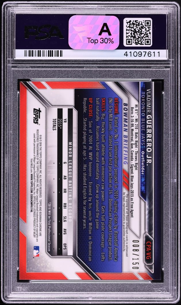 2016 Bowman Chrome Blue Refractor Vladimir Guerrero Jr. PROSPECT AUTO DNA 10 /150 #CPAVG PSA 10
