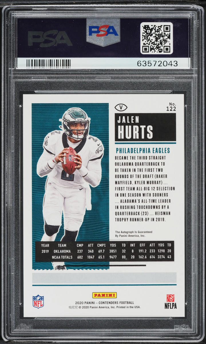 2020 Panini Contenders Team Cracked Ice Jalen Hurts RC AUTO DNA 10 /22 PSA 10