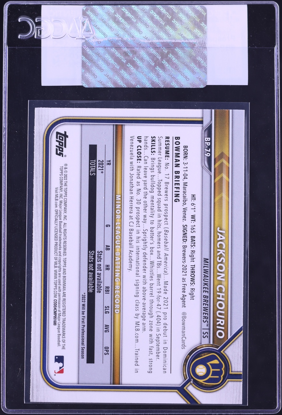 2022 Bowman Jackson Chourio PROSPECT #BP-79 CGC AUTH
