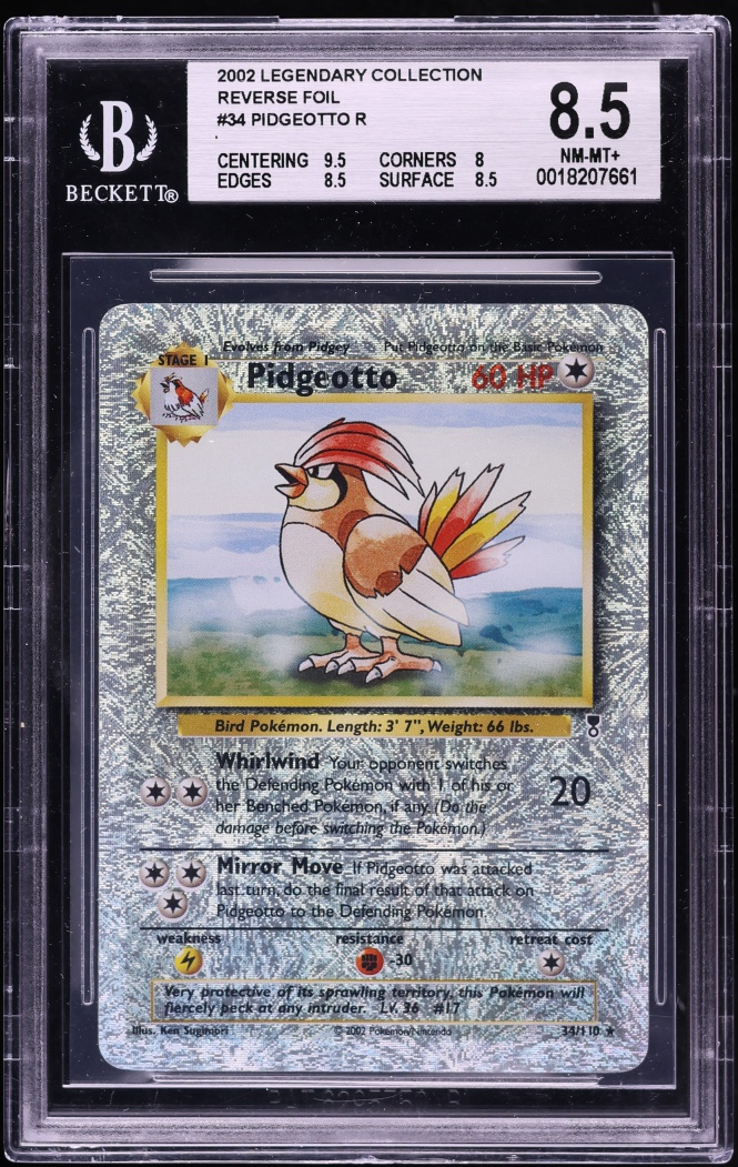 2002 Pokemon Legendary Collection Reverse Holo Pidgeotto #34 BGS 8.5 NM-MT+