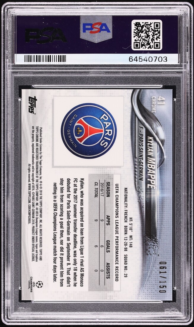 2017 Topps Chrome UEFA Blue Refractor Kylian Mbappe ROOKIE /150 #41 PSA 10 GEM MINT