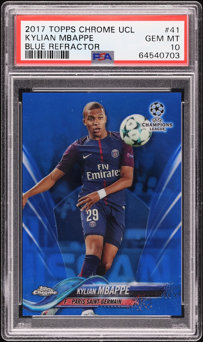 2017 Topps Chrome UEFA Blue Refractor Kylian Mbappe ROOKIE /150 #41 PSA 10 GEM MINT