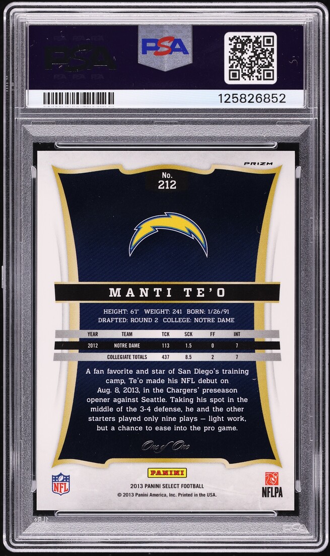 2013 Select Black Prizm Manti Te'o ROOKIE 1/1 #212 PSA 9 MINT
