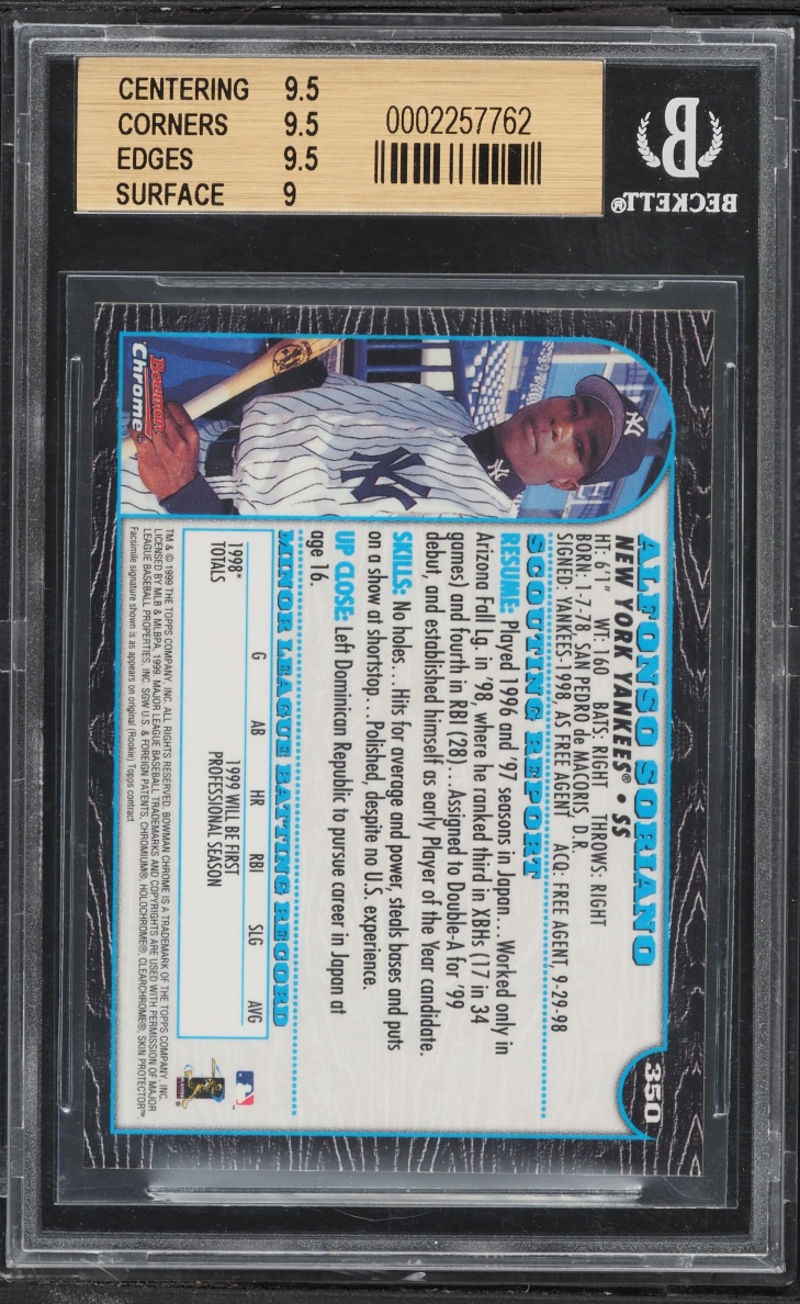 1999 Bowman Chrome Alfonso Soriano ROOKIE #350 BGS 9.5 GEM MINT