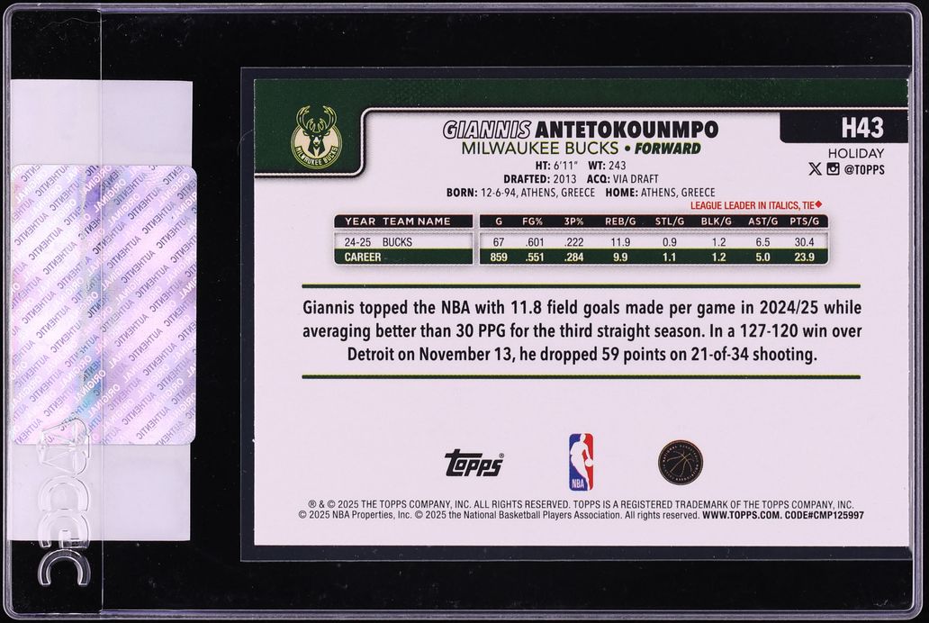 2025 Topps Holiday Glitter Giannis Antetokounmpo #H43 CGC AUTH