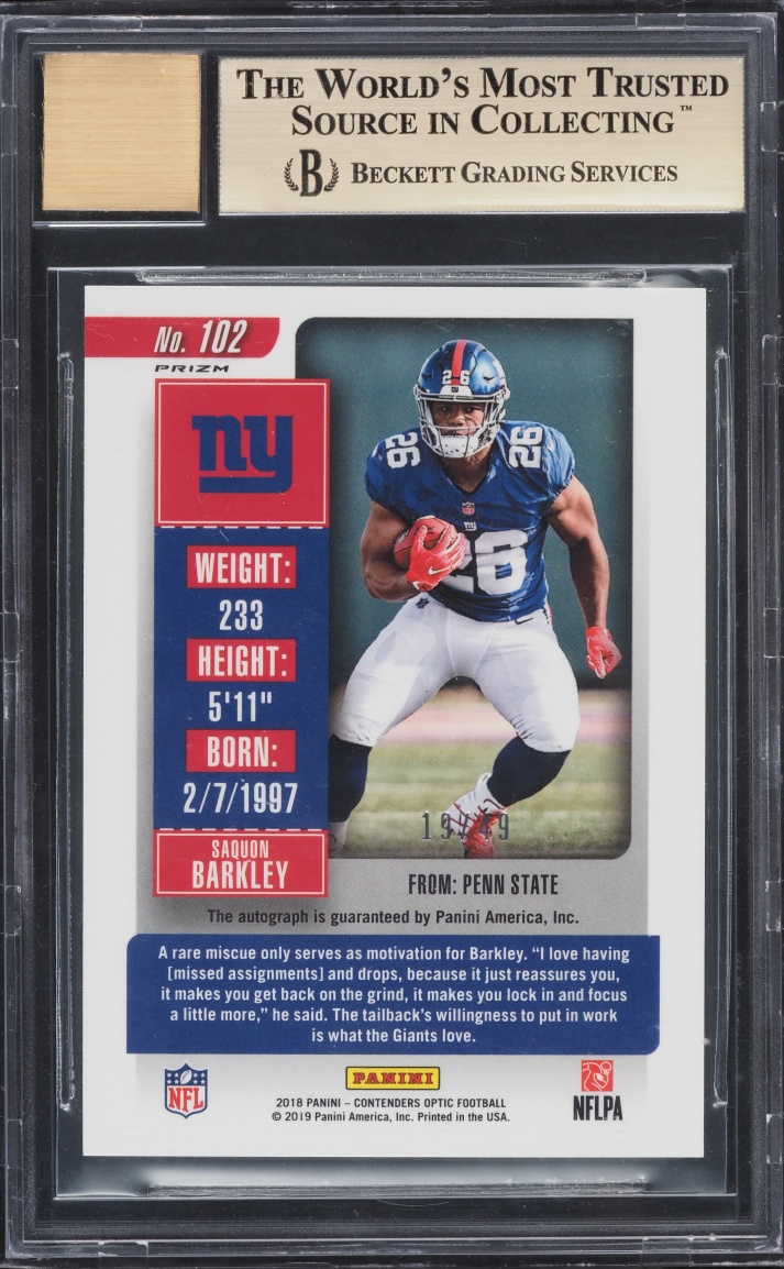 2018 Panini Contenders Optic Purple Prizm Saquon Barkley ROOKIE AUTO /49 #102 BGS 9.5 GEM MINT