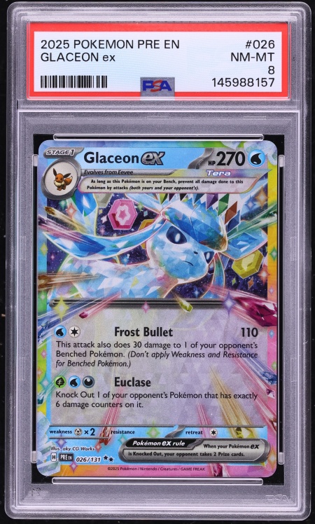 2025 Pokemon Scarlet & Violet Prismatic Evolutions Holo Glaceon ex #26 PSA 8 NM-MT