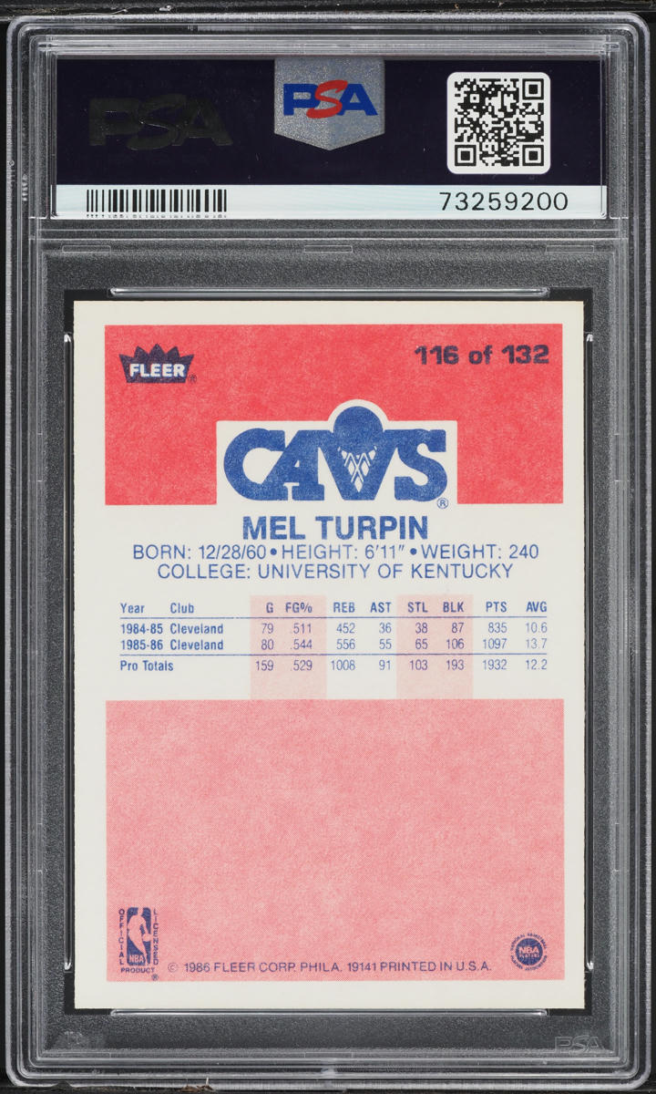 1986 Fleer Basketball Melvin Turpin ROOKIE #116 PSA 10 GEM MINT