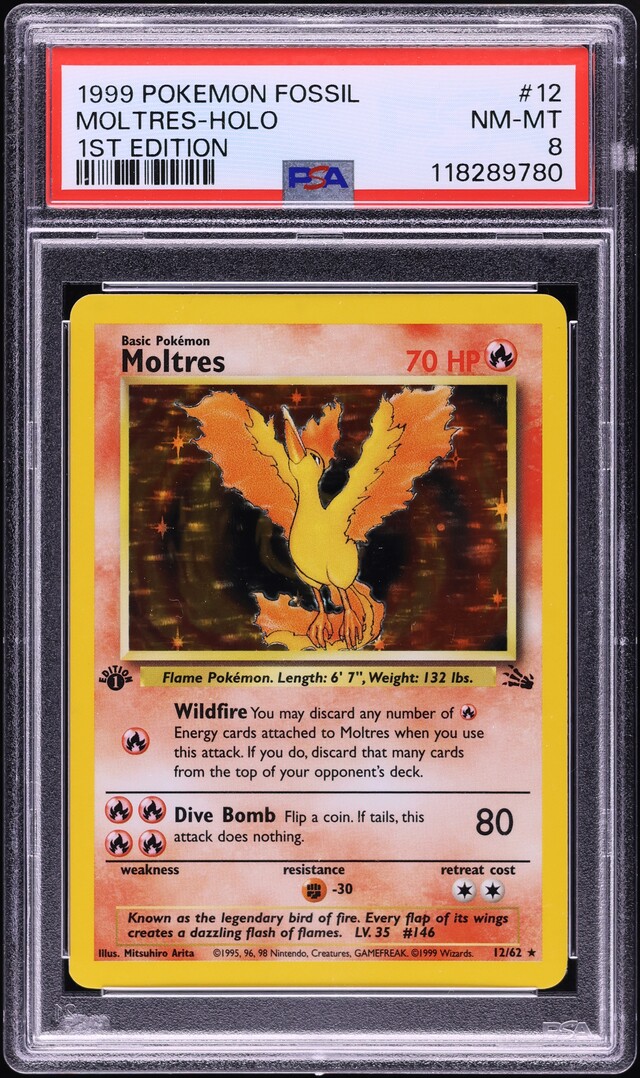1999 Pokemon Fossil 1st Edition Holo Moltres #12 PSA 8 NM-MT