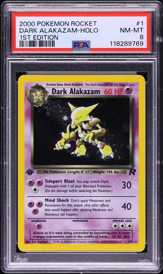 2000 Pokemon Team Rocket 1st Edition Holo Dark Alakazam #1 PSA 8 NM-MT