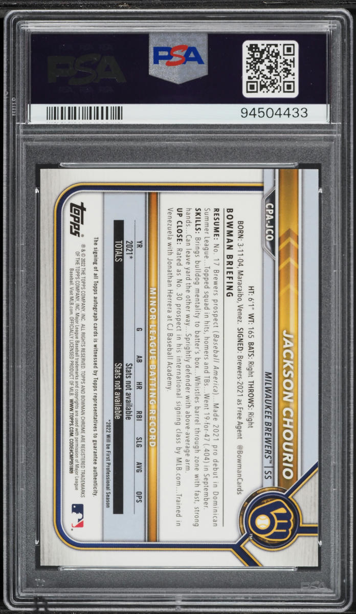 2022 Bowman Chrome Purple Refractor Jackson Chourio PROSPECT AUTO /250 #CPAJCO PSA 10 GEM MINT