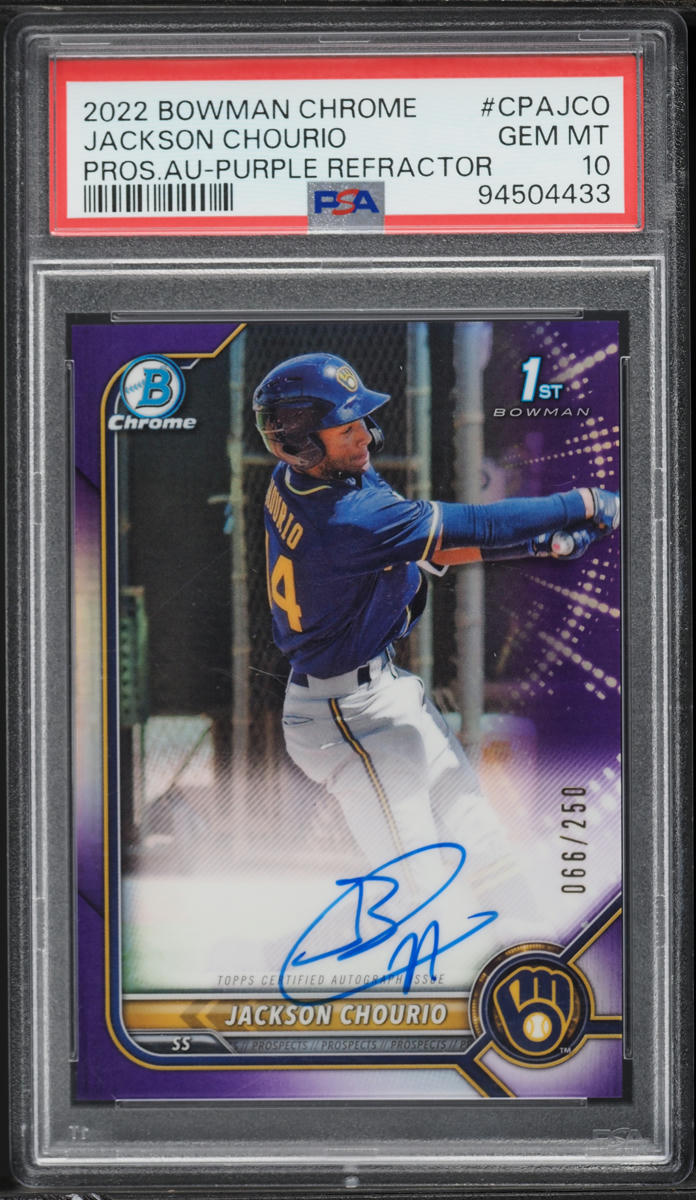 2022 Bowman Chrome Purple Refractor Jackson Chourio PROSPECT AUTO /250 #CPAJCO PSA 10 GEM MINT