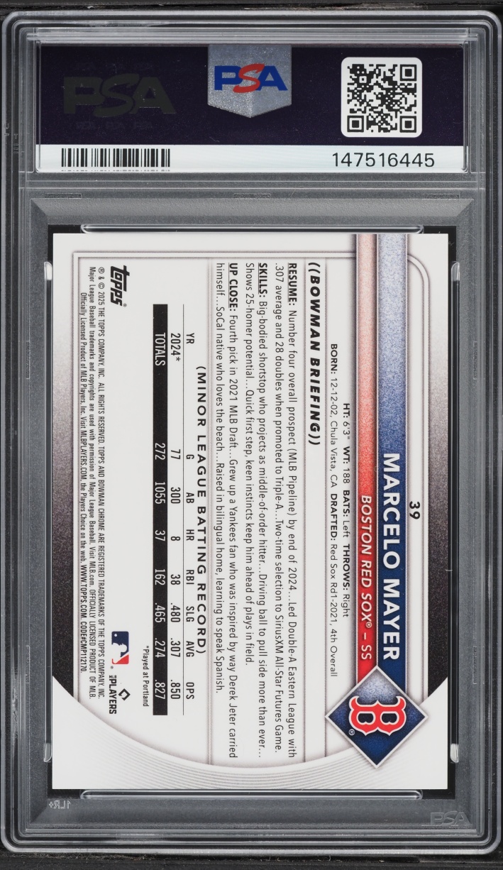 2025 Bowman Chrome Etched In Glass Variation Marcelo Mayer ROOKIE #39 PSA 10 GEM MINT