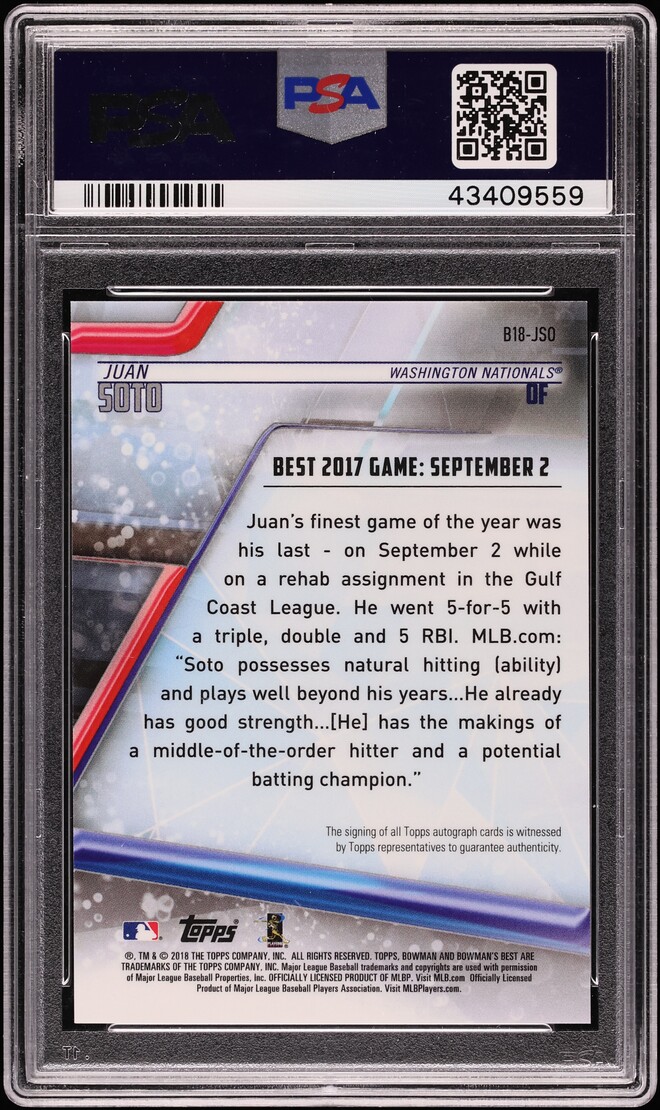 2018 Bowman's Best Of '18 Juan Soto ROOKIE AUTO #B18-JSO PSA 10 GEM MINT