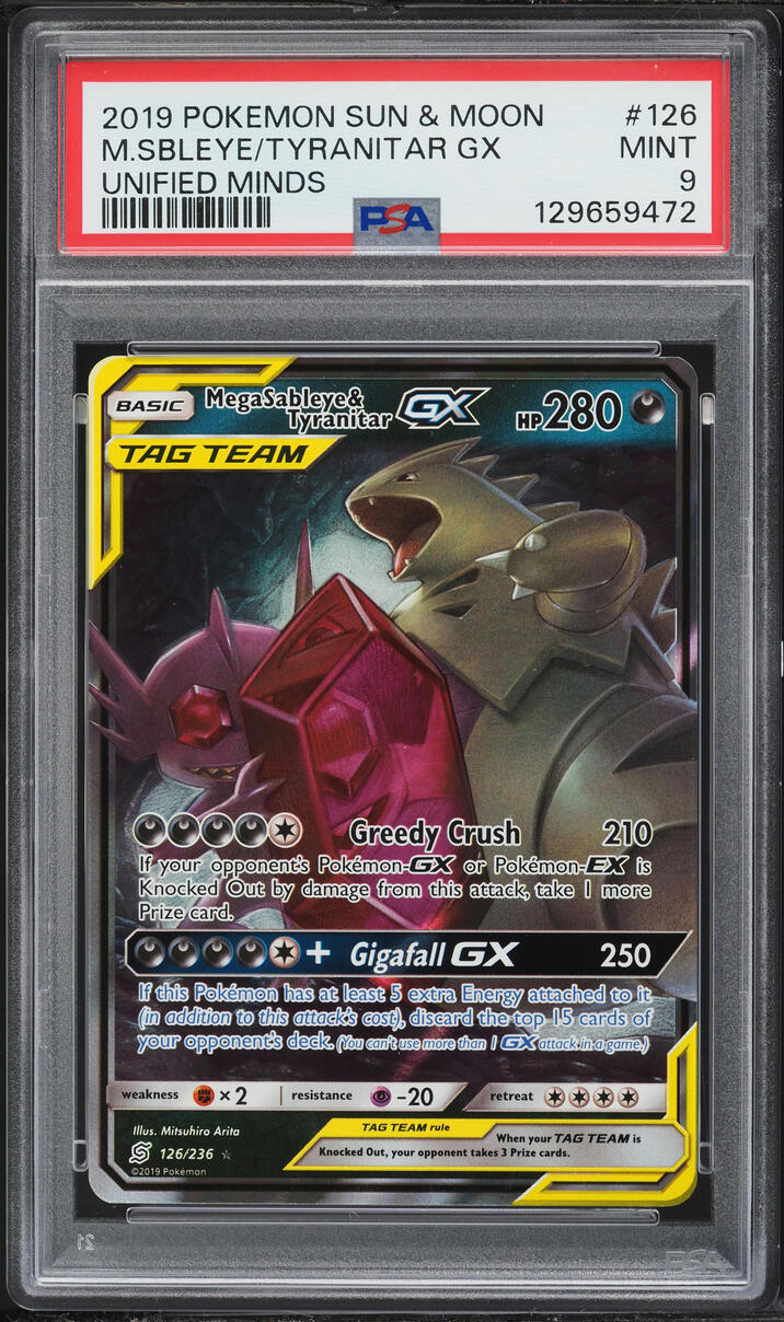 2019 Pokemon Sun & Moon Unified Minds Full Art Mega Sableye & Tyranitar GX #126 PSA 9 MINT