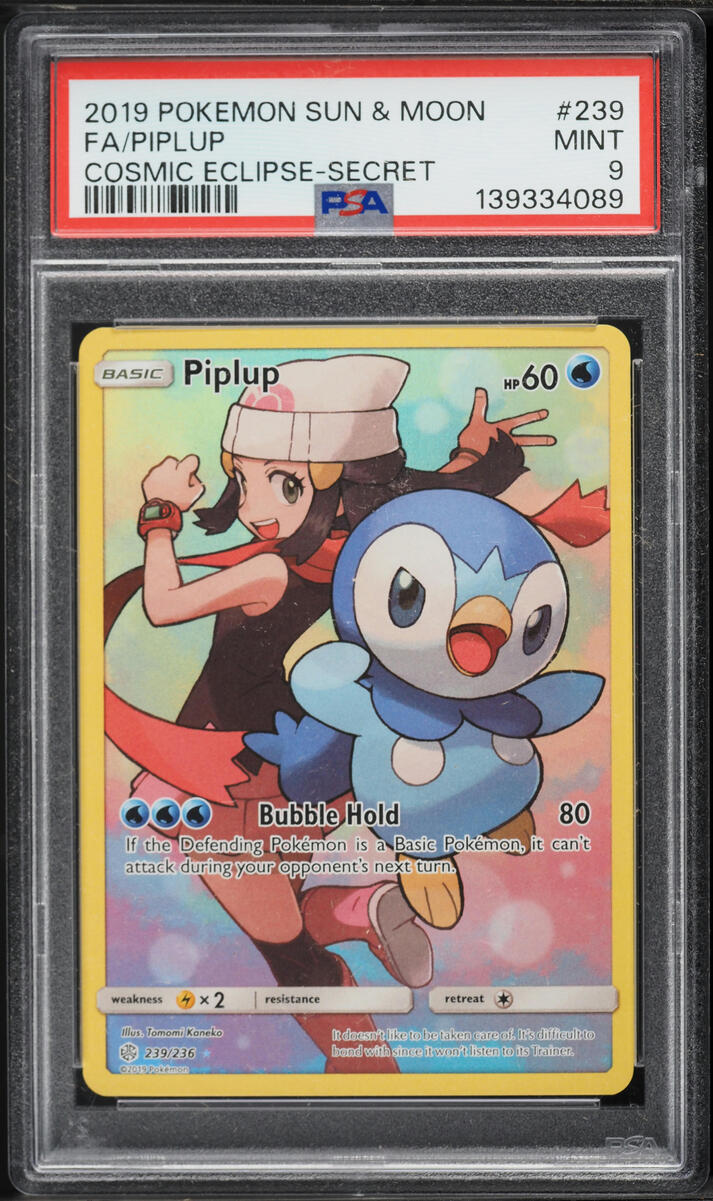 2019 Pokemon Sun & Moon Cosmic Eclipse Full Art Piplup #239 PSA 9 MINT