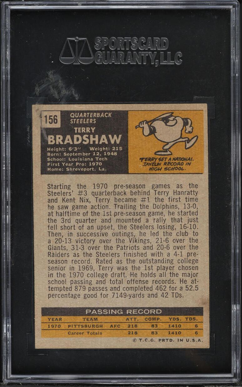 1971 Topps Football Terry Bradshaw ROOKIE #156 SGC 5 EX