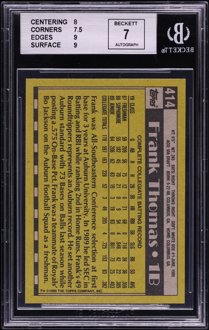 1990 Topps Frank Thomas ROOKIE AUTO /1990 #414 BAS BGS 8 NM-MT