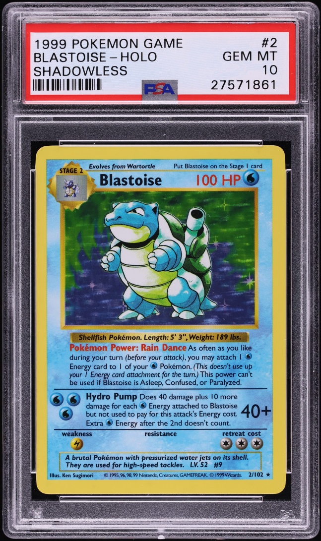 1999 Pokemon Base Set Shadowless Holo Blastoise #2 PSA 10 GEM MINT