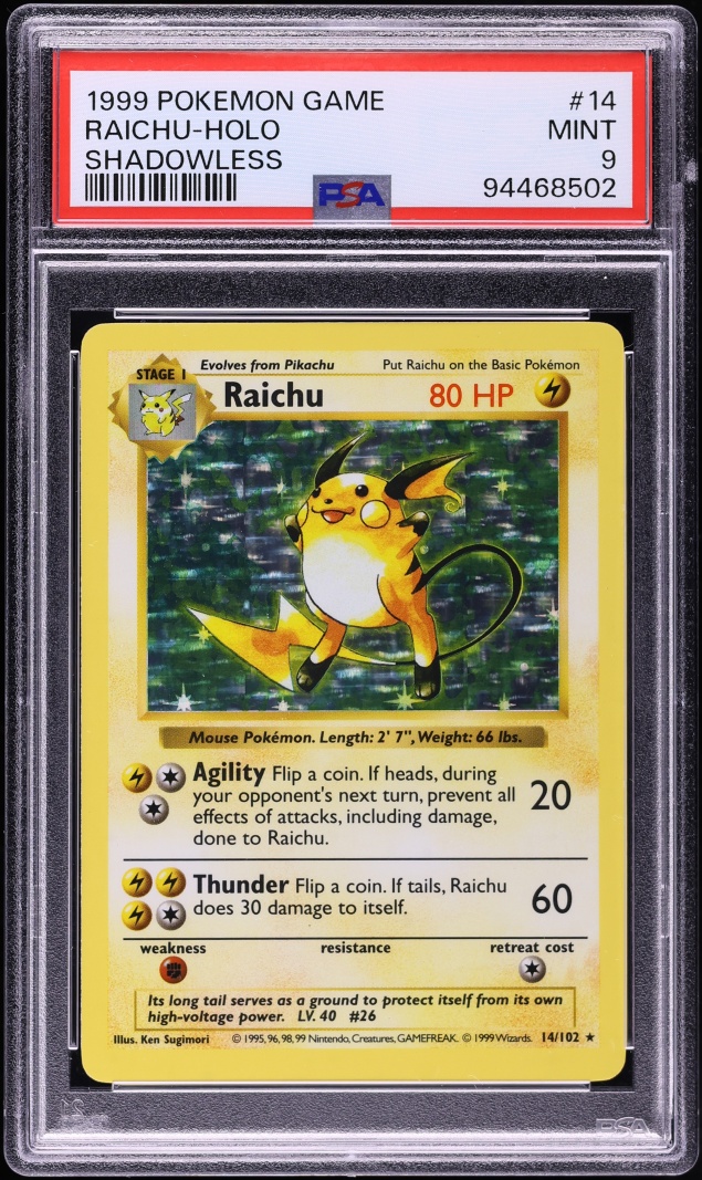 1999 Pokemon Base Set Shadowless Holo Raichu #14 PSA 9 MINT